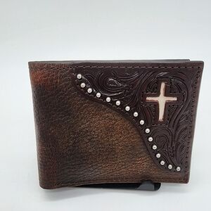 Ranger Western Dark Brown Leather Bifold Wallet Cowhide Inlay Cross Silver Stud